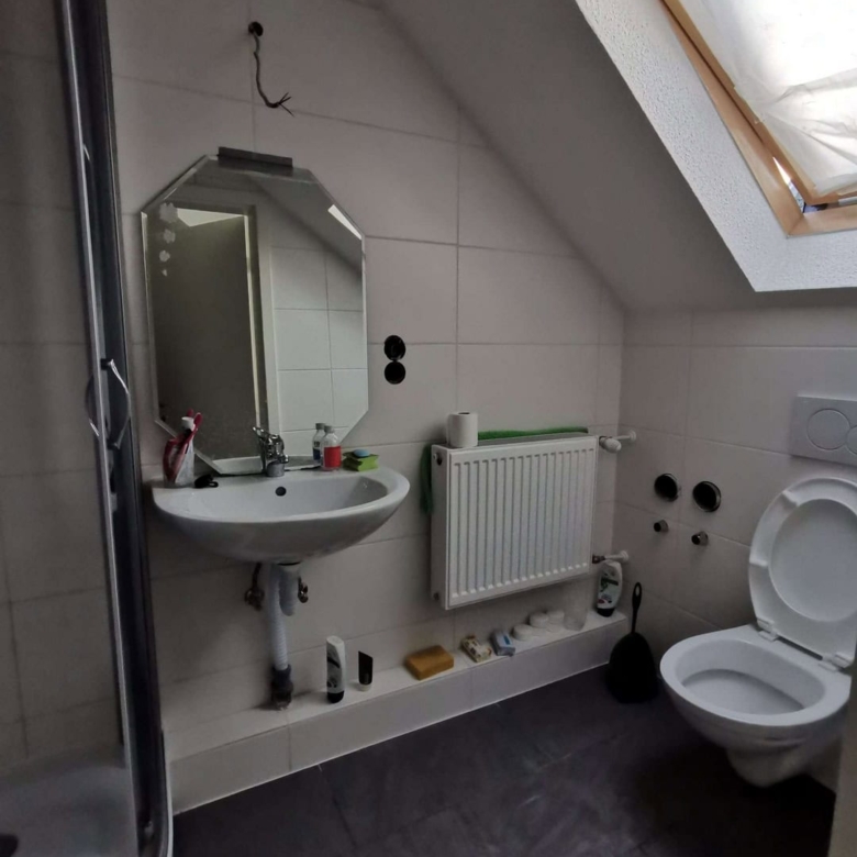 Moderne Badezimmergestaltung mit weißer Wandfliese, Dachfenster und komfortabler Toilette.