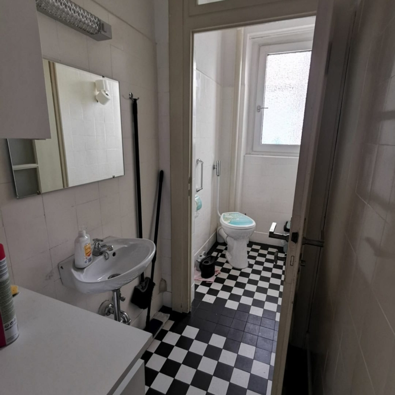 Маленькая ванная комната с туалетом и раковиной, светлый интерьер, окна для дополнительного естественного освещения, практическое решение для компактных пространств.