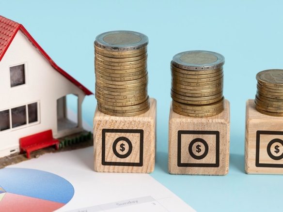 Miniaturhaus mit roten Dach und Münzstapeln auf Holzklötzen, symbolisiert Immobilienfinanzierung und Immobilieninvestitionen, geeignet für Finanz- und Immobilien-SEO.